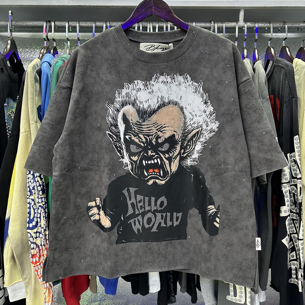 2026 Summer Men's Oversize T-Shirt, Demon Vampire Print Dark Street Vintage Washed Casual Short Sleeve Tee