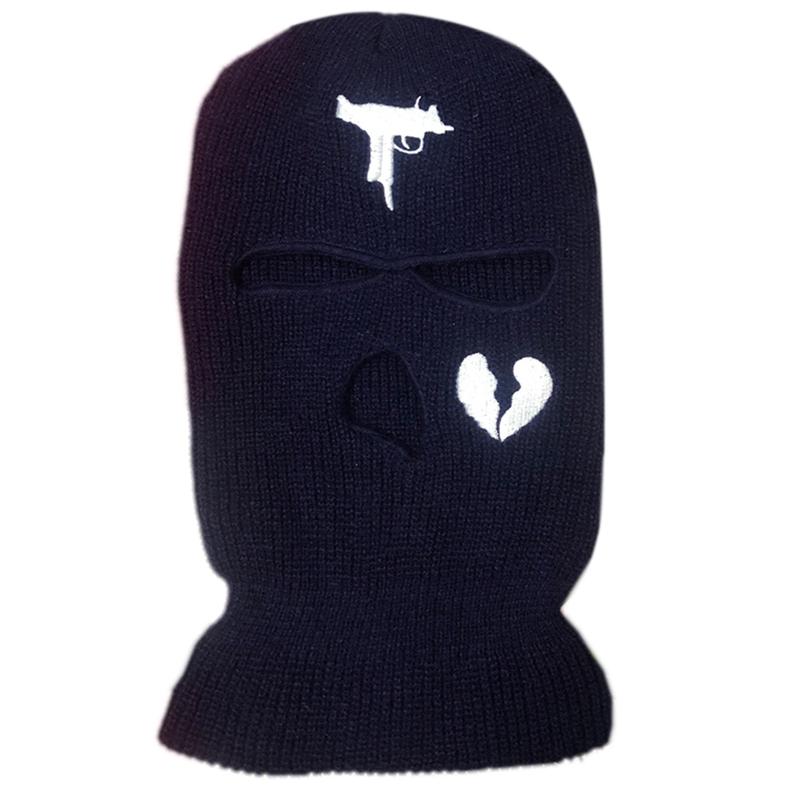 3-Hole Solid Color Embroidered Balaclava Knit Hat Face Mask Neck Gaiter Windproof Warm for Spring Fall Winter Daily Wear