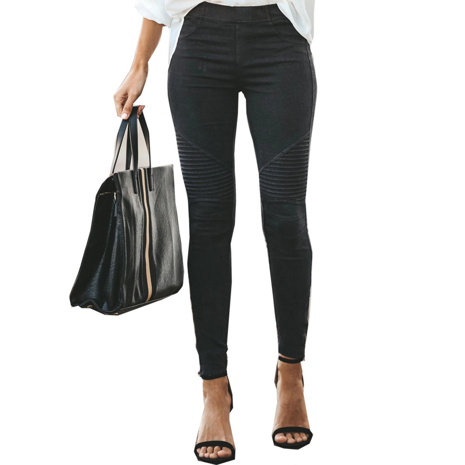 

Women s Fashionable Casual Pencil Pants Slim Striped Zipper Elastic Pants M