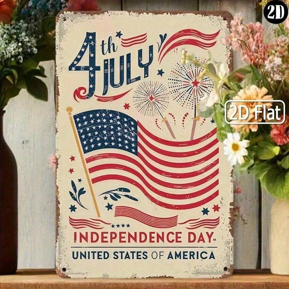 Vintage Metal Sign Patriotic Flag Firework Wall Decor for Home Office 20x30 Cm