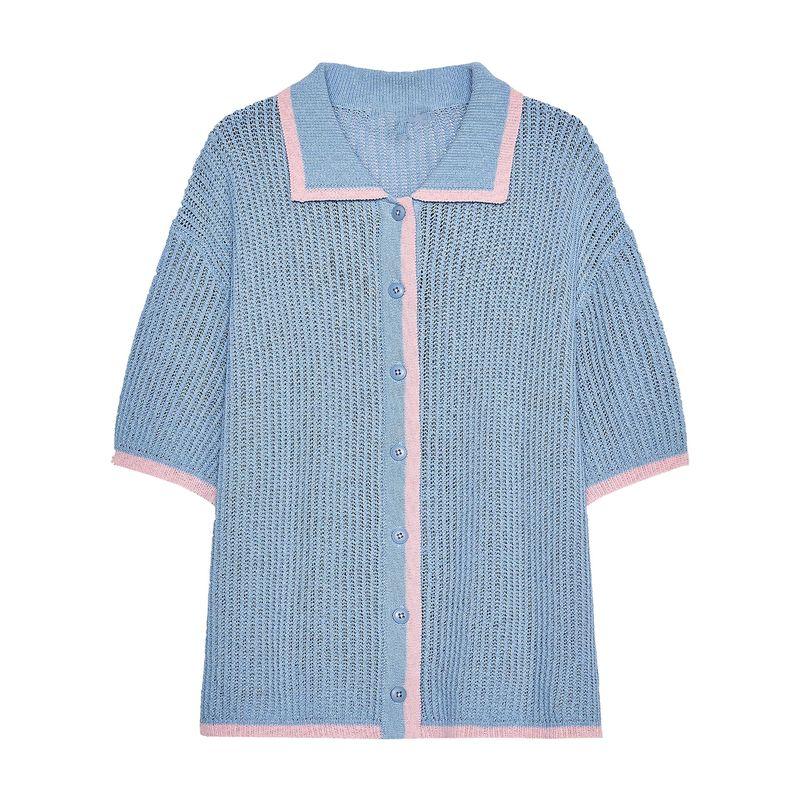 Zaprha 2025 Summer New Fashion Contrast Color Knitted Polo Shirt Short Sleeve Cardigan Outerwear 3920260