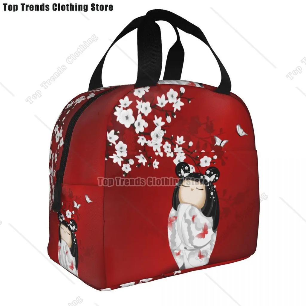 Japanese Keiko Kokeshi Doll Insulated Lunch Bag Cute Design Kimono Geisha Dolls Girls Cooler Thermal Bento Box Lunch Boxes