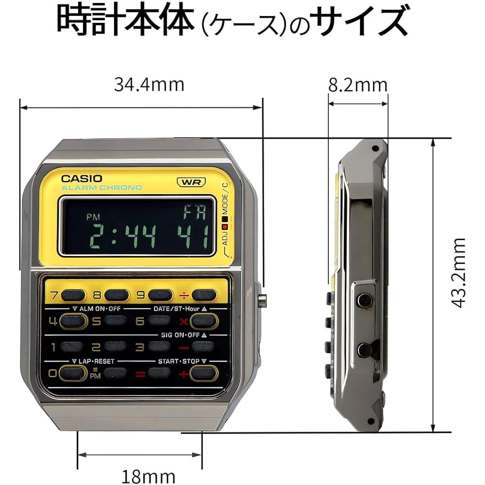 Casio Vintage Series Digital Watch 8-Digit Calculator Gunmetal Yellow Unisex Metal Band