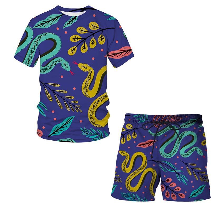 European and American Amazon Summer New Colorful Patterned 3D Print T-shirt Men's Casual Short Sleeve Shorts Short Sleeve Set
