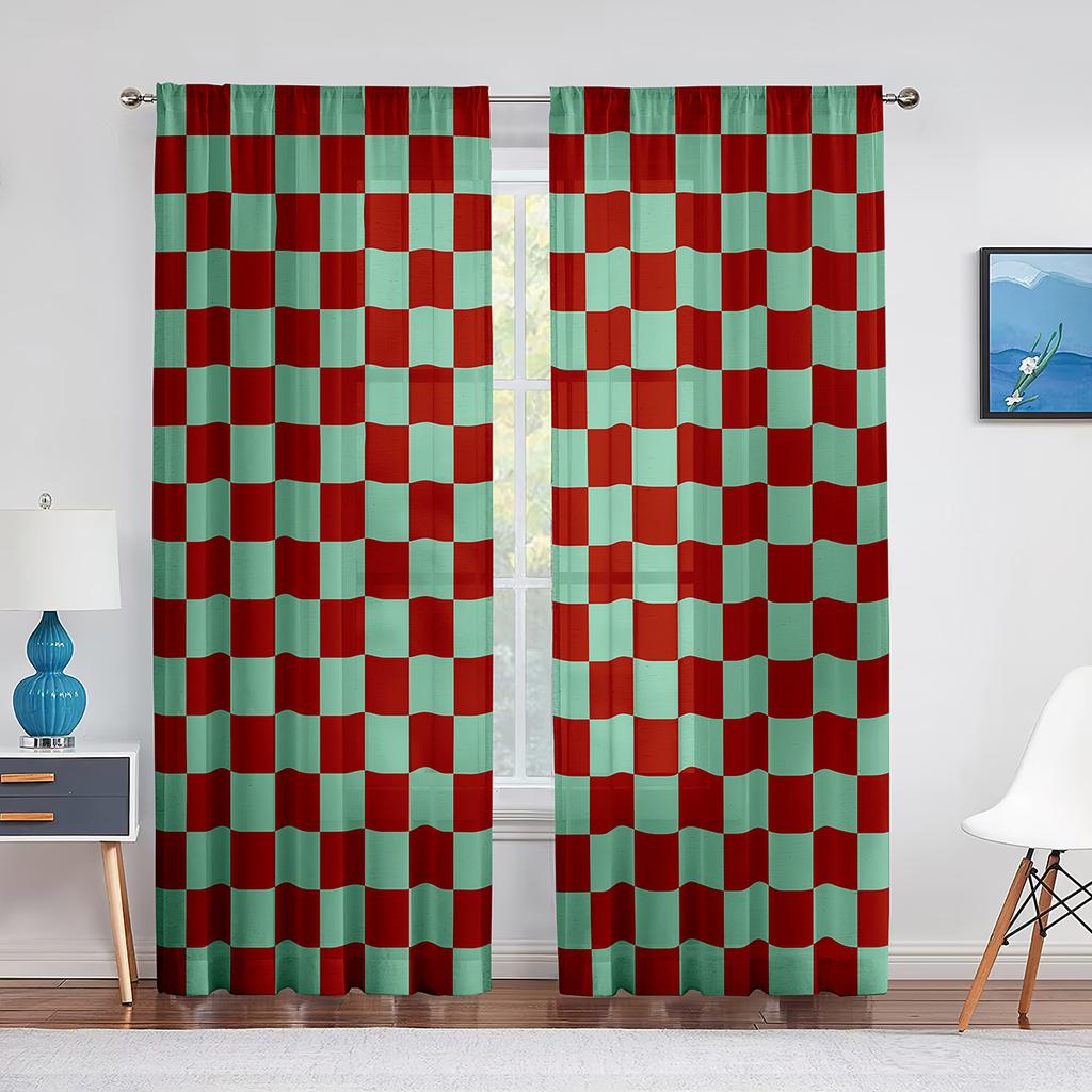 Rot Weiß Checker Muster Sheer Fenster Vorhänge Schlafzimmer Moderne Chiffon Drape Tüll Volants Wohnzimmer Küche Voile Vorhang