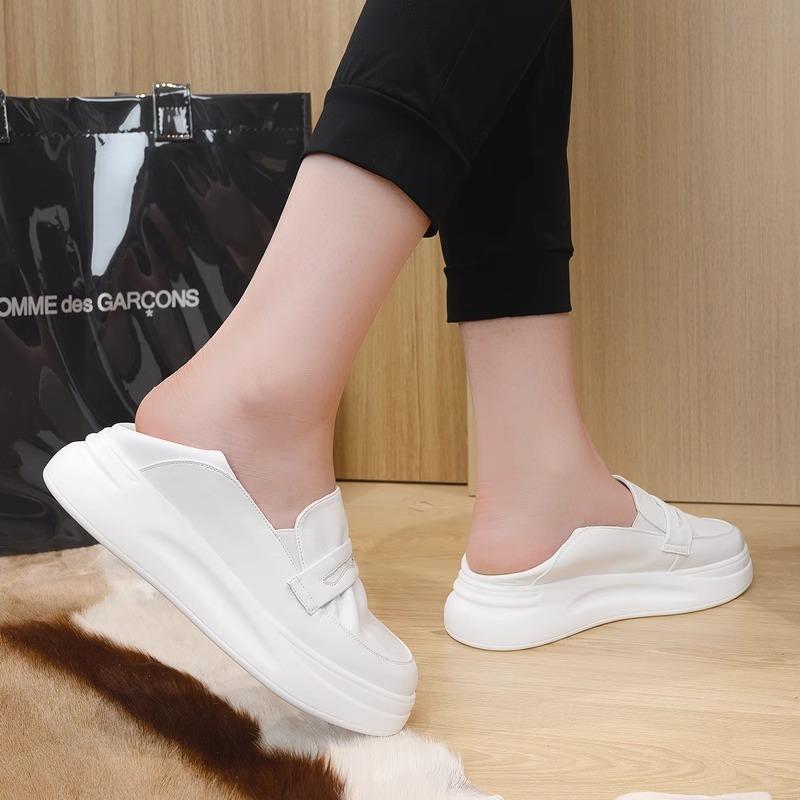 All cowhide little white shoes women's thick-soled leather inner height increase summer breathable thin one pedal student
