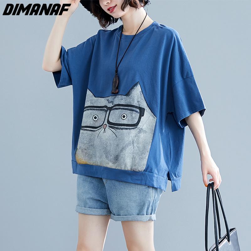 DIMANAF 2023 Plus Size Summer Women T-Shirts Cartoon Cat Print Tops Tunic Tees Shirt Oversize Bat Loose Casual Green