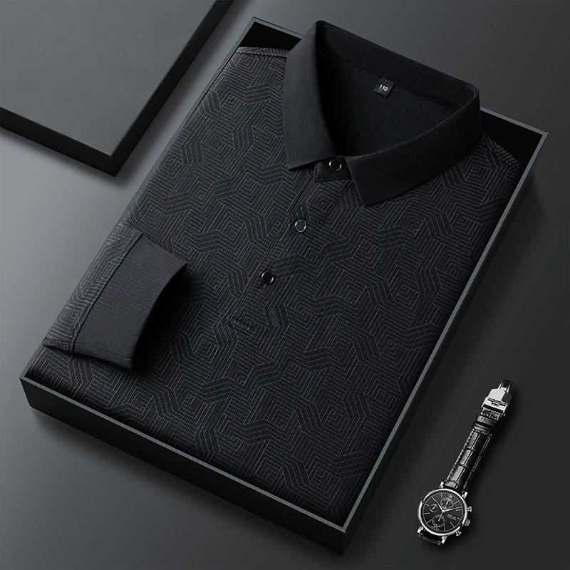 Nová pánská business casual košile s dlouhým rukávem s odznakem, jednobarevné polo tričko, módní, prodyšný, pohodlný, všestranný top