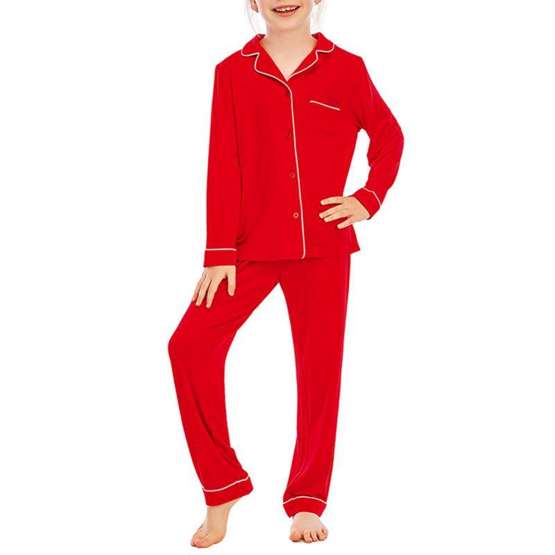 5-14 let Dětský Dívčí Pyžamový Set Dlouhý Rukáv Knoflíkový Top a Kalhoty Domácí Oblečení