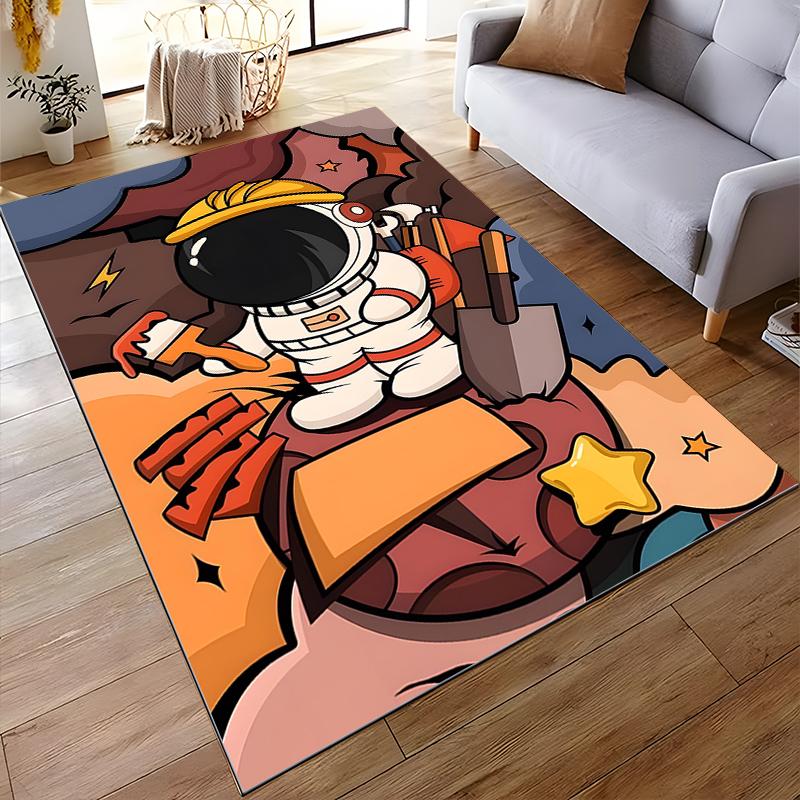 Astronaut Doodle Style Rug with Colorful Background Suitable for Use As an Anti-slip Game Mat for Living Room and Bedroom Sofas