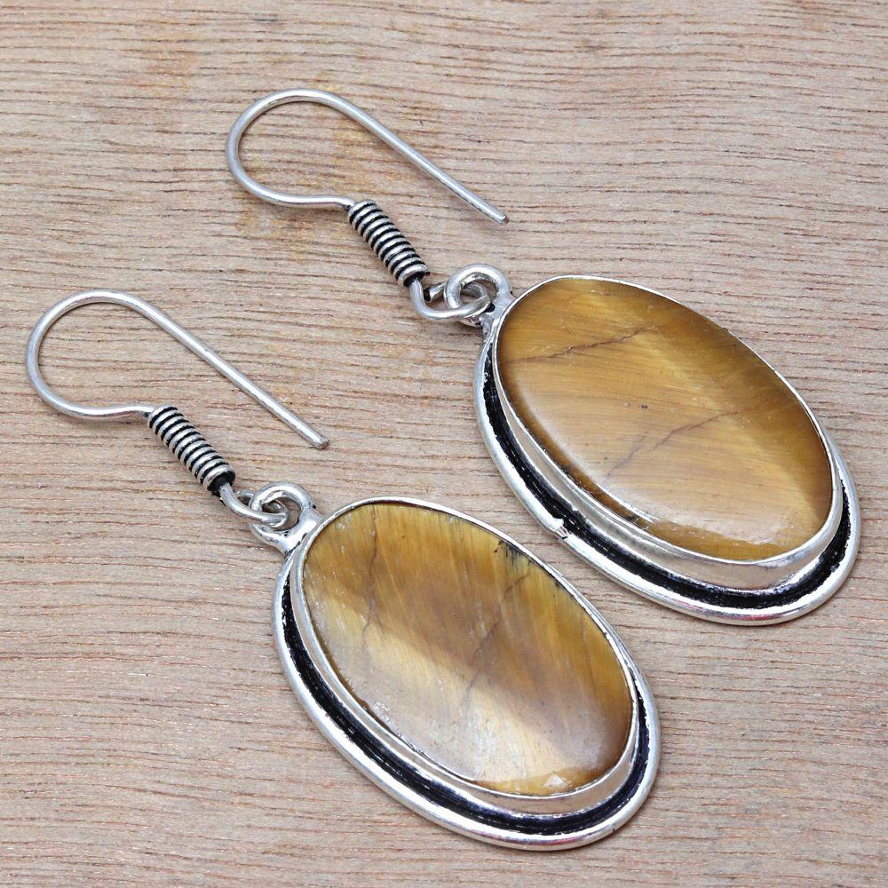 Tiger's Eye Gemstone Handmade Silver Jewelry Earrings 1.5''