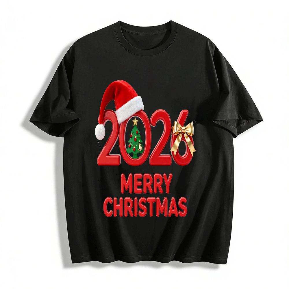 Merry Christmas 2026 Print Casual Festive Holiday Top Pure cotton T-shirt XXS