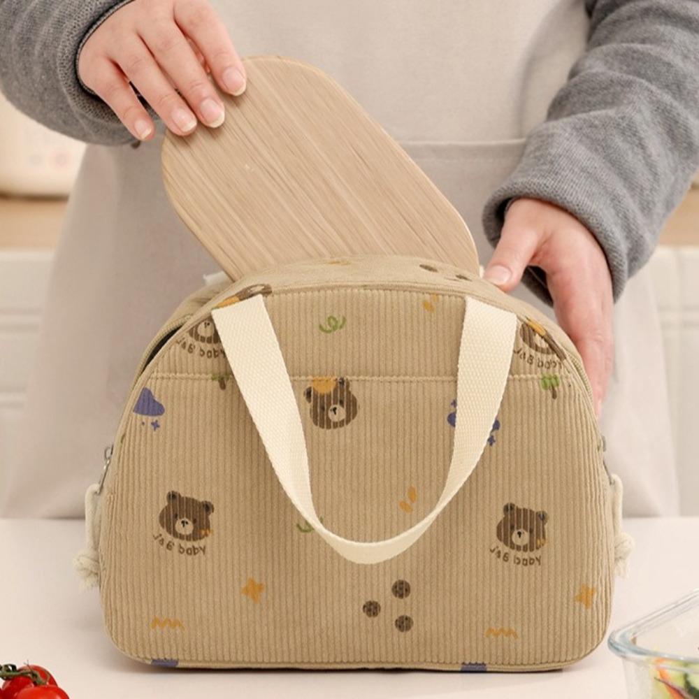 New Corduroy Lunch Bag Thermal Insulated Cute Bear Bow Picnic Food Pouch Multi-functional Storage Handbag for Outdoor Travel