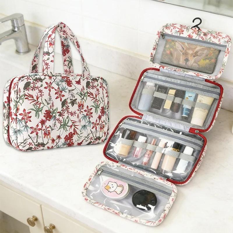 1Pc New Flower Patterned Four Fold Toiletry Bag with Hooks,Portable Travel and Wash Area Storage,Dry-wet Separation