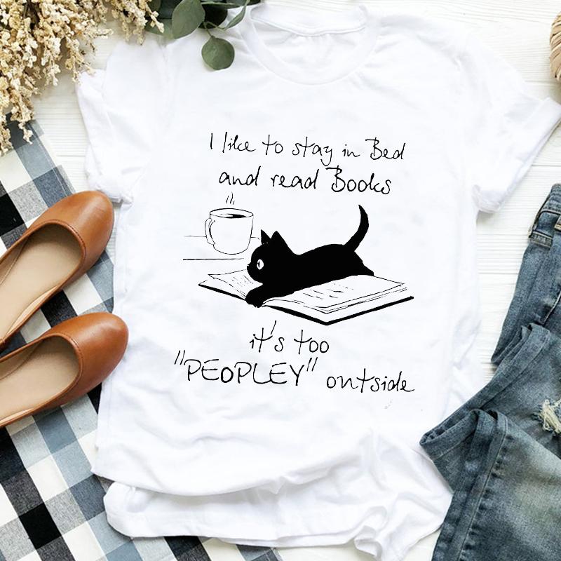 Women Lady Cartoon Cat Coffee Life Pet Cute Trend Fashion Print Tshirt Shirt Clothes Top Graphic Female T Tee Womens Tshirt