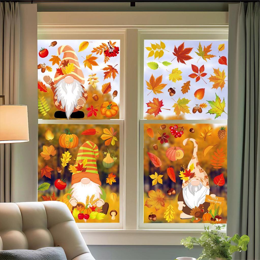 Thanksgiving Cartoon Maple Leaf Gnome Window and Wall Clings