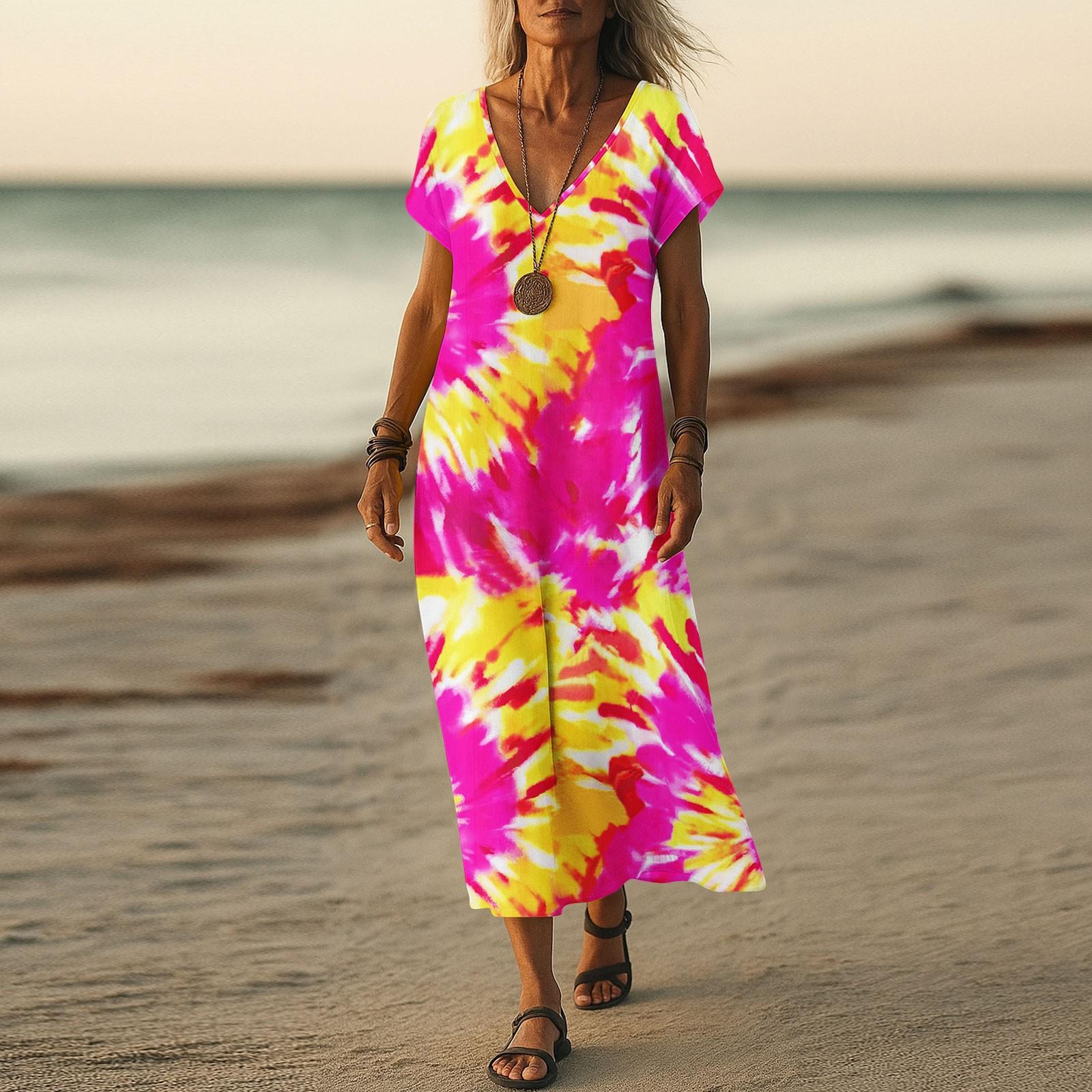 

Летнее платье Женское длинное платье бохо для пляжа Элегантное платье макси V-образный вырез Короткий рукав Летнее платье-туника Легкое воздушное L