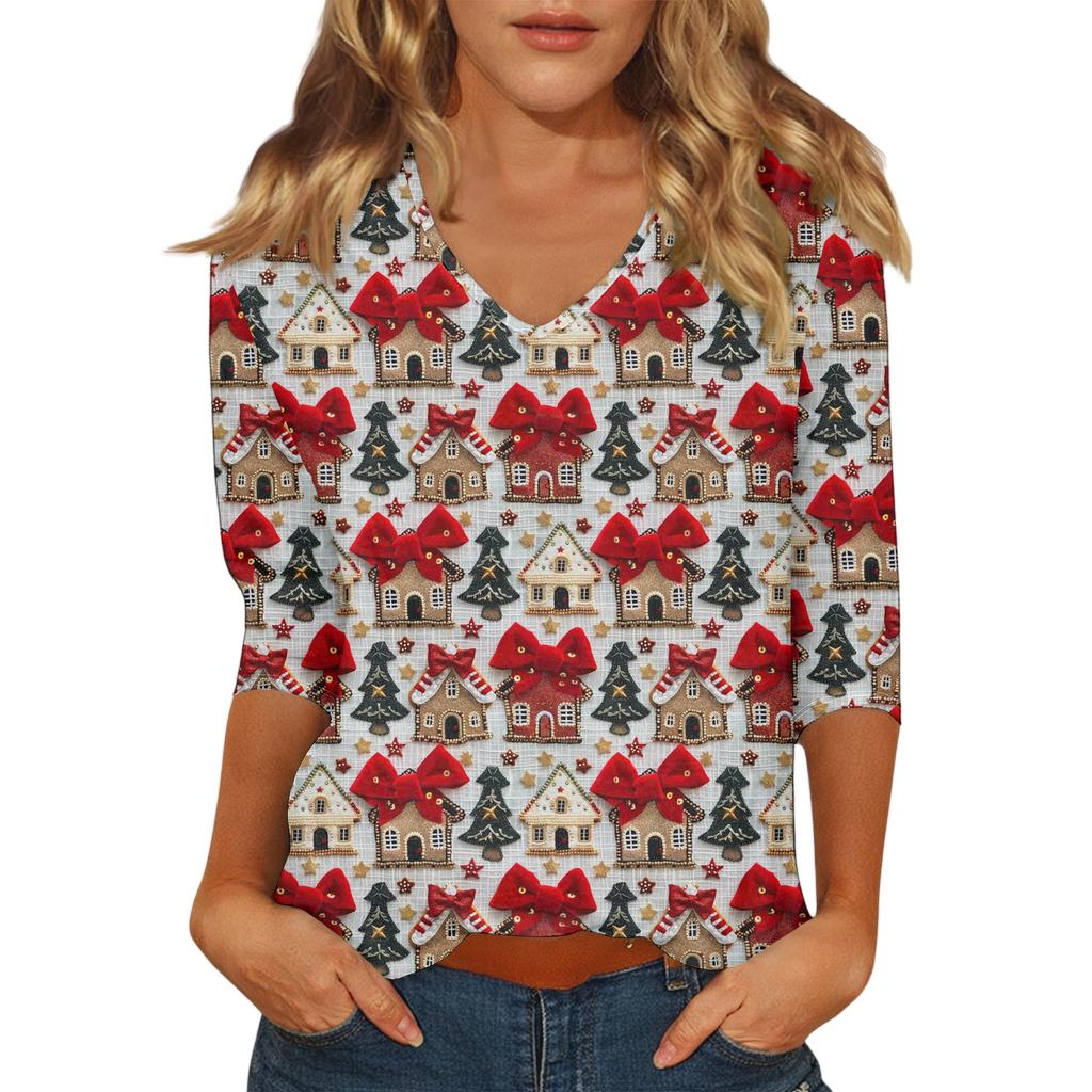 Women's Casual Fashionable Sexy Comfortable V-Neck Christmas Three-Quarter Sleeve Top
