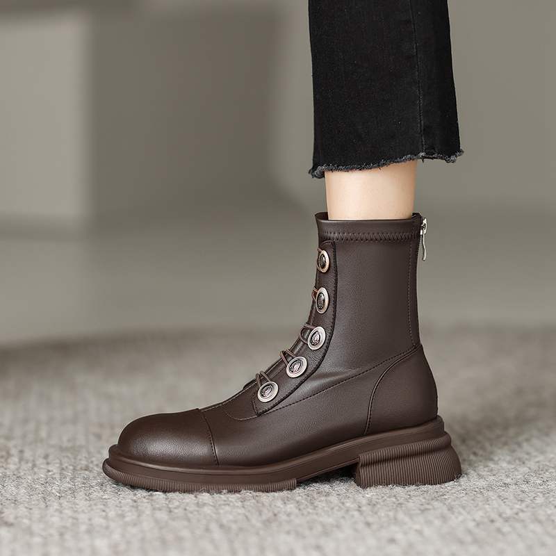 Krazing Pot Podzimní zimní boty z hovězí kůže s kulatou špičkou Kovové zapínání Silný střední podpatek Zip Chelsea Boots Dámské kotníkové boty