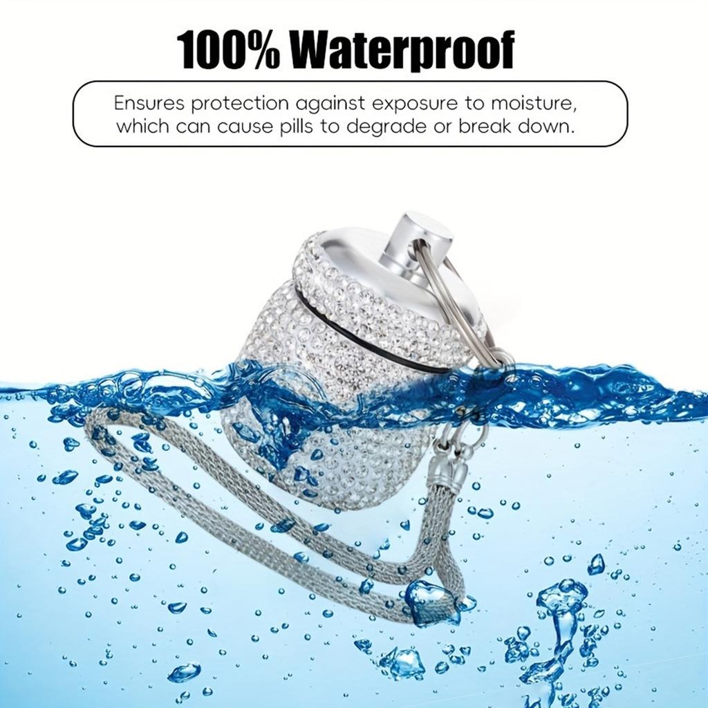 Portable Diamond Pills Case Keychain Waterproof Pills Container Small Box Pendant for Travel and Outdoor Activities