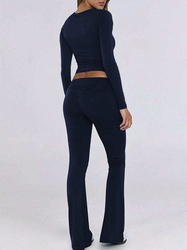 Autumn Women Deep V Neck Flared Pants Sport Casual Set For Women