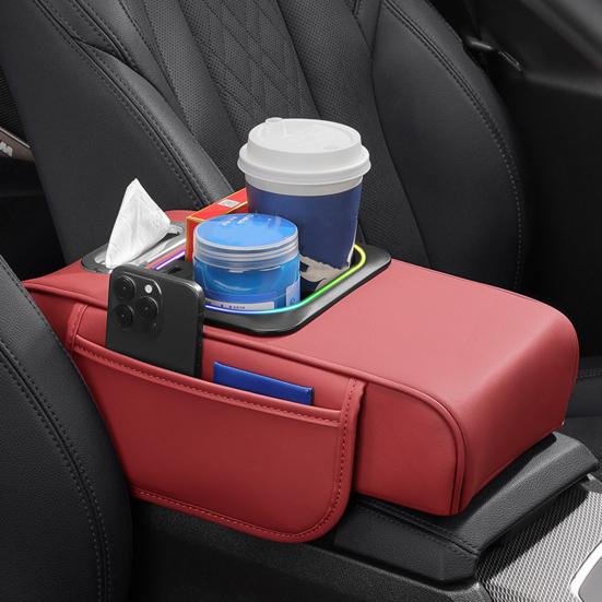 5-in-1 Car Armrest Organizer with Tissue Cup Holder USB Charging Port Ambient Light Car Interior Storage Booster Pad for Most Vehicles Portable Car