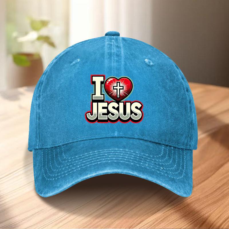 I Love Jesus Christian Cross Print Baseball Cap Adjustable Polyester Casual Faith Hat for Adults