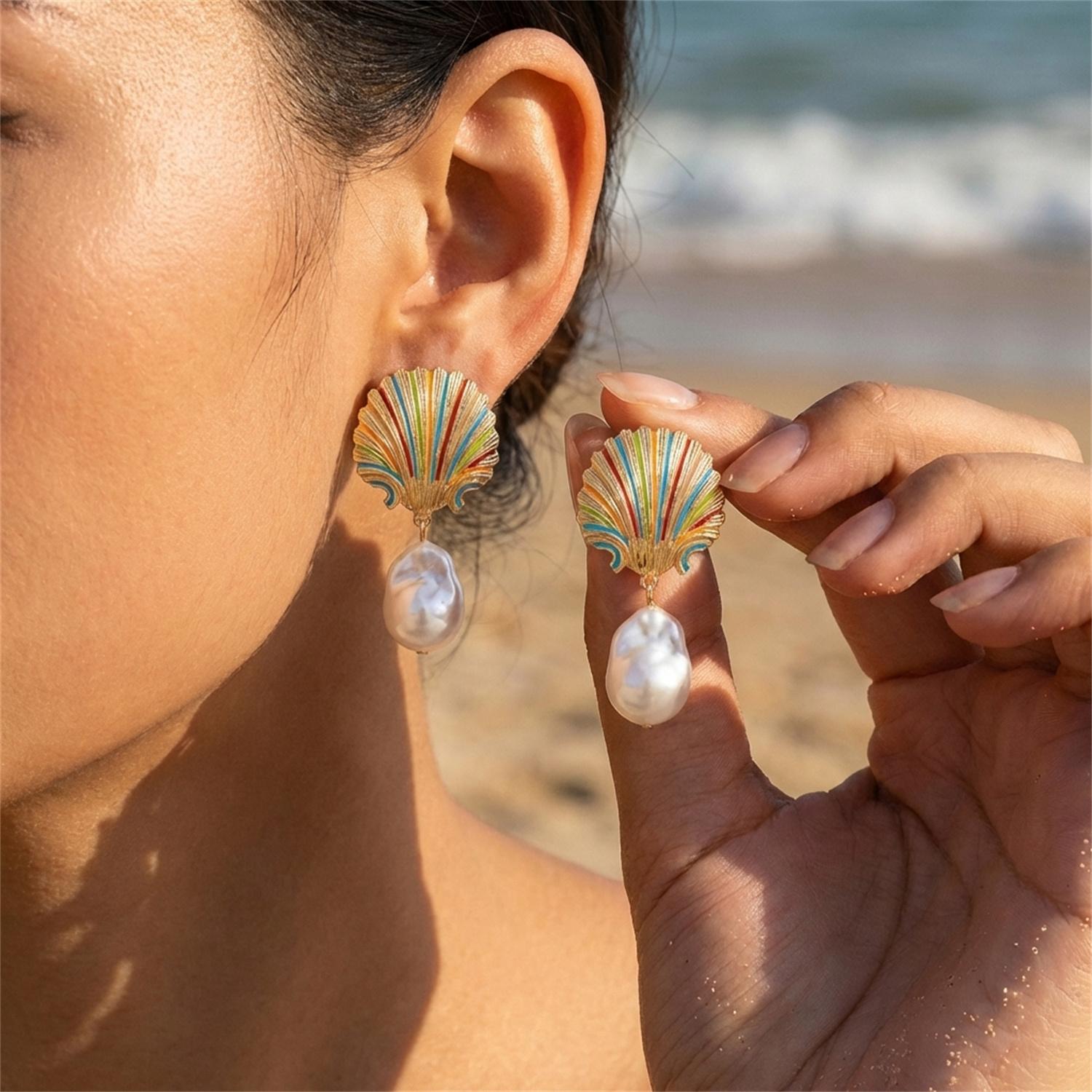 

Summer Beach Tropical Ceramic Fish Earrings For Women Gold Plated Metal Conch Shell Baroque Pearl Dangle Earring Party Zircon