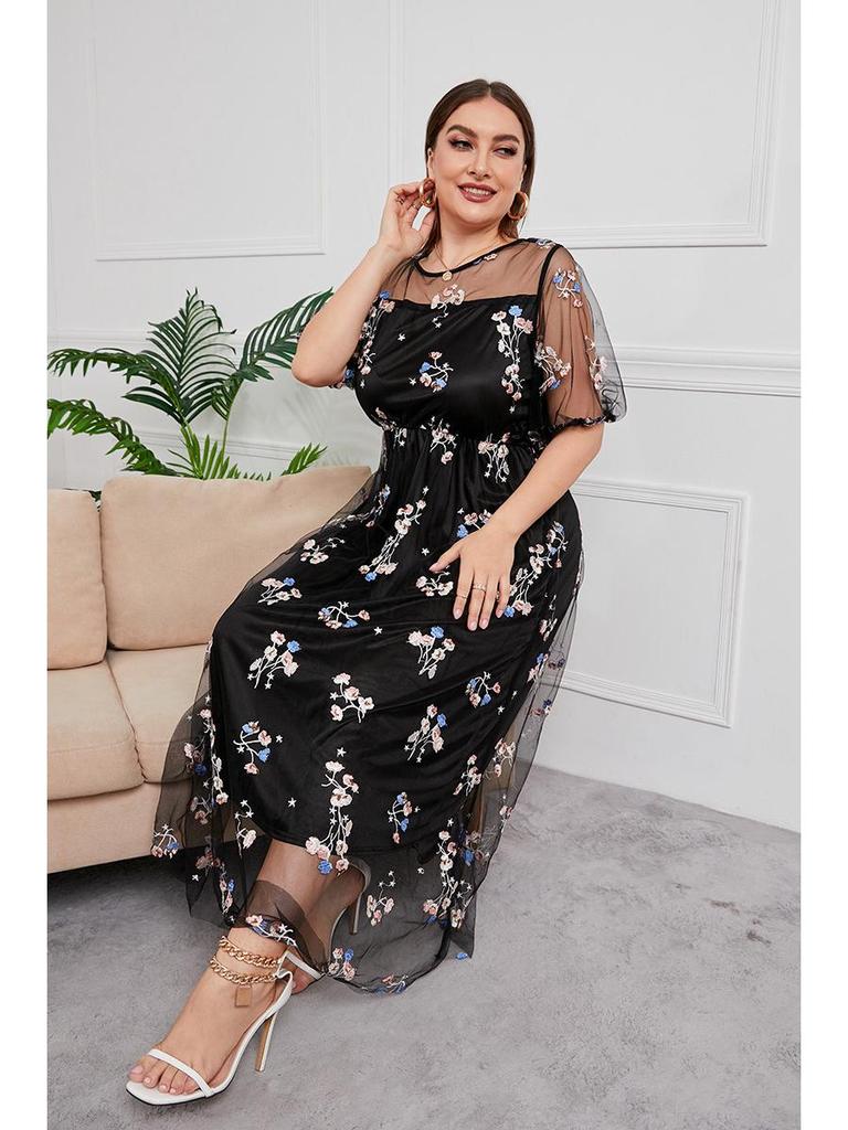 Hepburn Style Plus Size Evening Gown: Women's Mesh Embroidery Banquet Party Dress