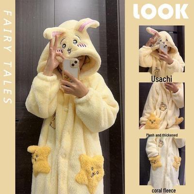 Usagi Damski Koralowy Polar Kreskówkowy Piżama i Szlafrok Zestaw Flanelowy