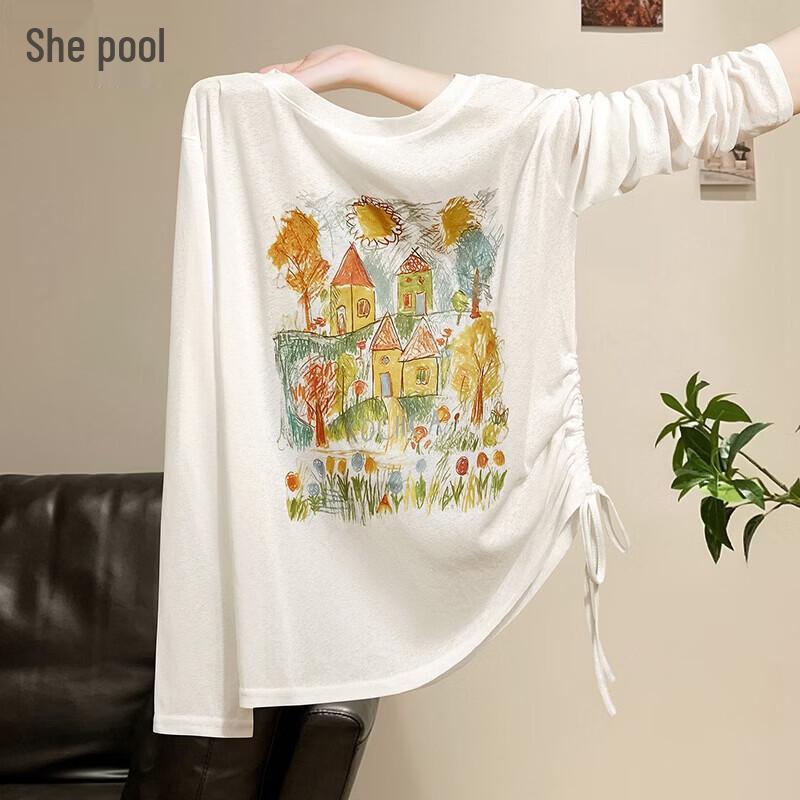 Women s Lightweight Printed Pleated Long Sleeve Summer Top XL белый