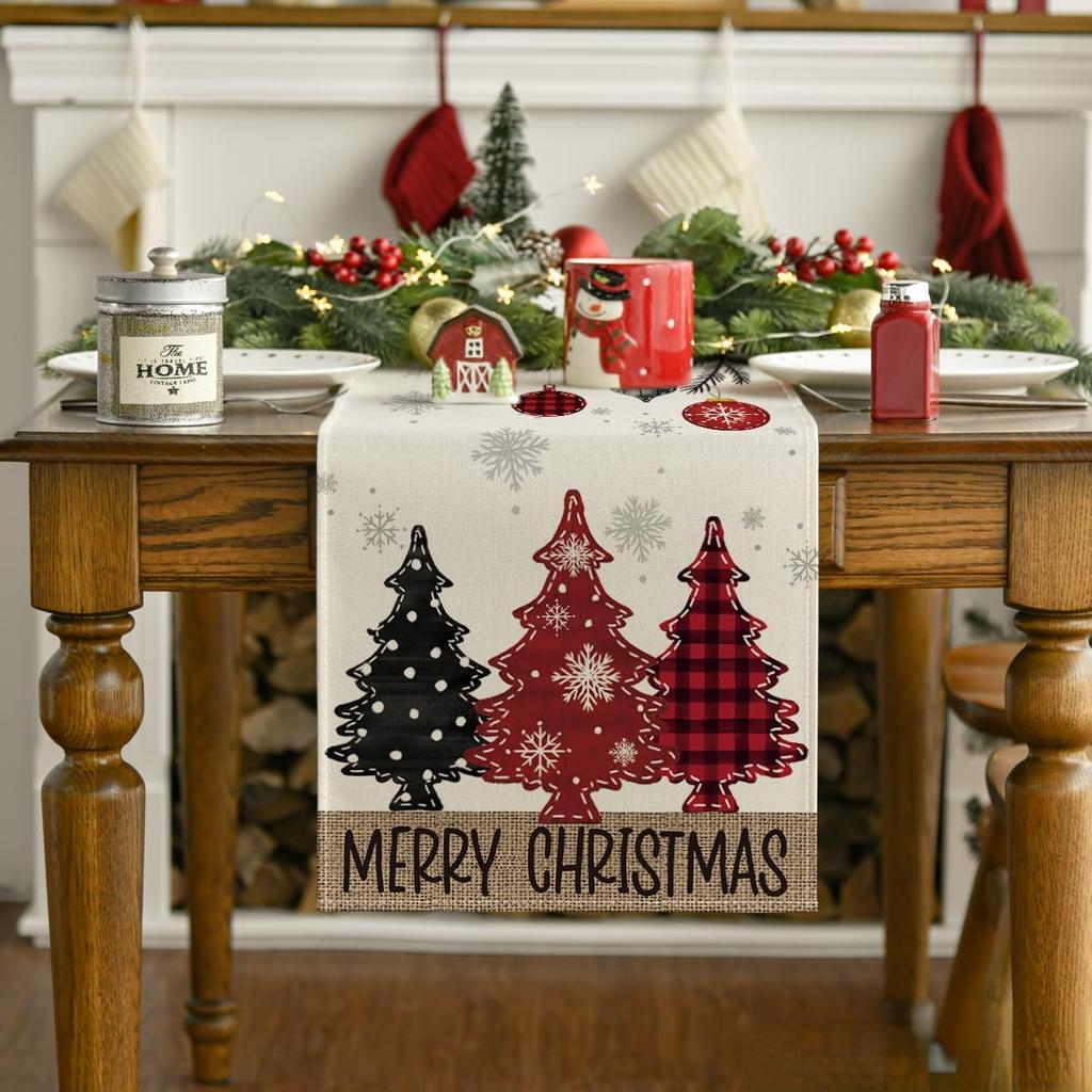 Merry Christmas Red Pine Trees Linen Table Runner Winter Xmas Holiday Party Kitchen Dining Table Decor Navidad Decorations 2025