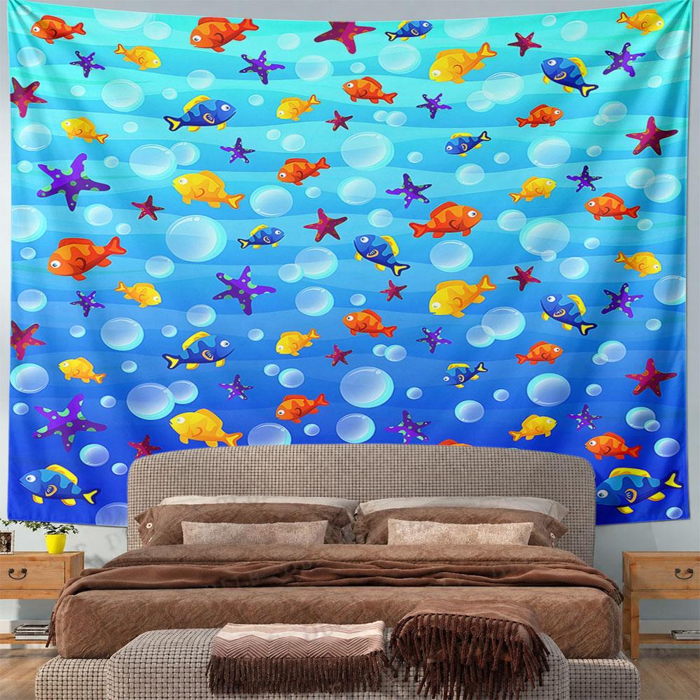 Colorful Fish and Starfish Ocean Scene Pattern Wall Hanging Tapestry Decorative Tapestry Home Decor for Bedroom and Living Room