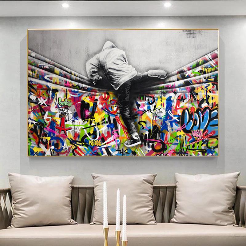 Banksy Art Kinderliebhaber hinter dem Vorhang Leinwandgemälde auf der Wall Street Kunstplakate und Drucke Wandbilder Home Cuadros