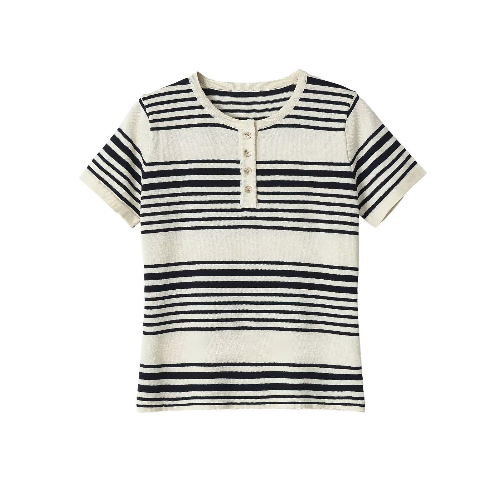 European and American style new women s clothing, stylish and fashionable striped button-down small slit necklace T-shirt 1198017 S