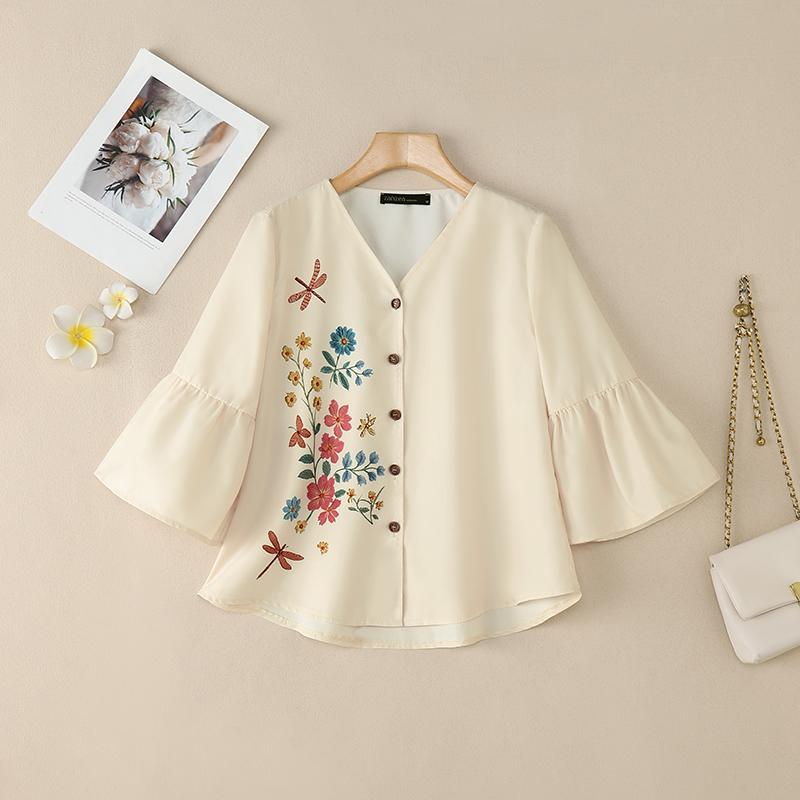 

ZANZEA Women Casual V-Neck Flare 3/4 Sleeve Loose Floral Blouse 5XL абрикосовый