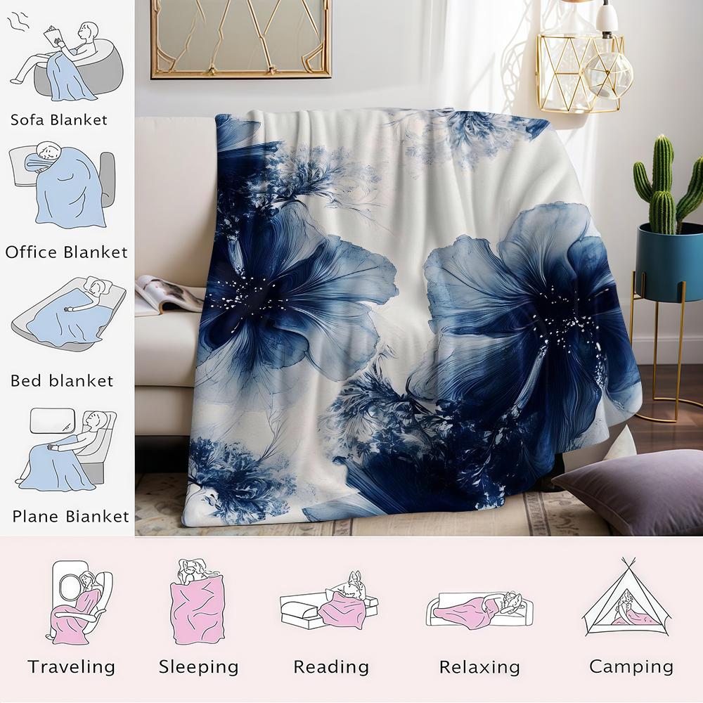 Indigo Floral Art Flannel Blanket Warm Soft Halloween Christmas Couch Warm Cozy Decorative Decor Gift for All Season