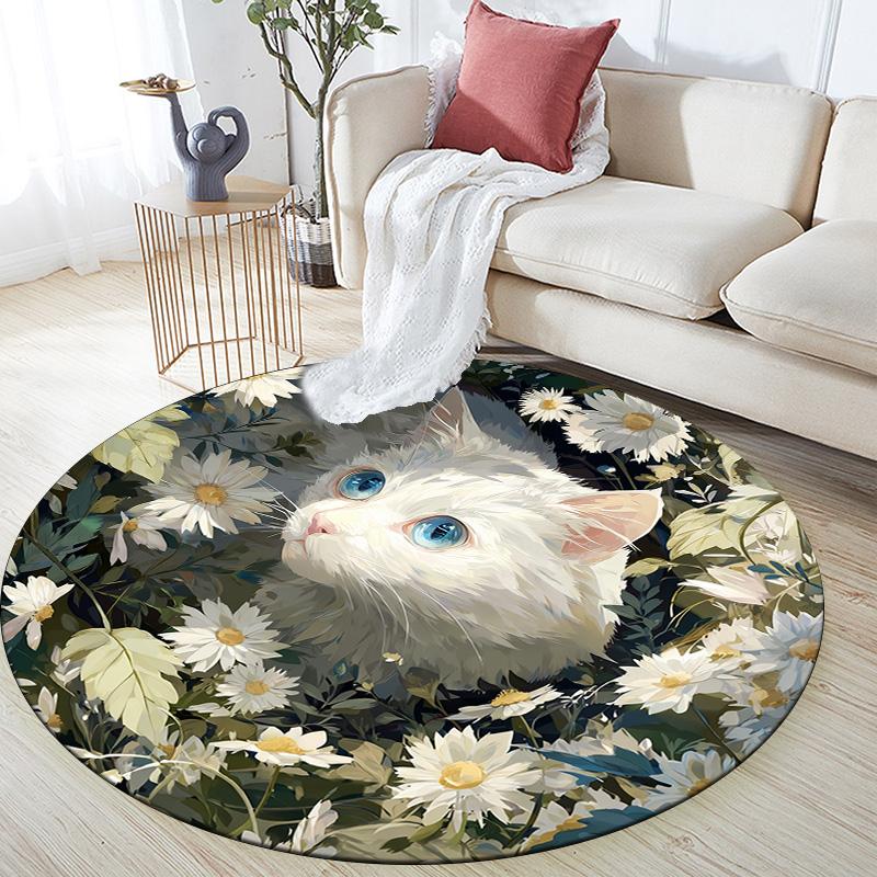 

Cat and Bird in Flowers Round Area Rug,Carpet Rug for Living Room Bedroom Sofa Playroom Decor,Non-slip Floor Mat 80cmx80cm