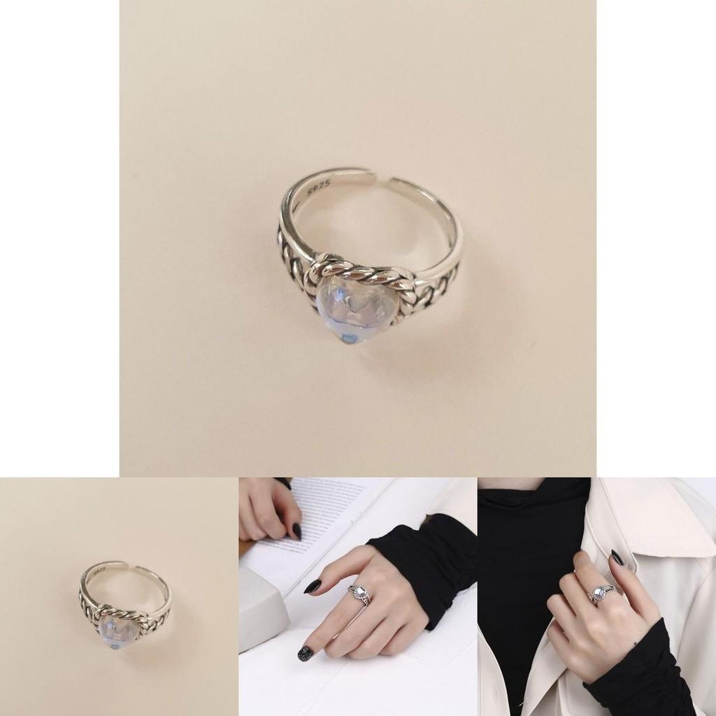 Elegant S925 Silver Double Layer Heart Moonstone Woven Ring For Trendy Girls