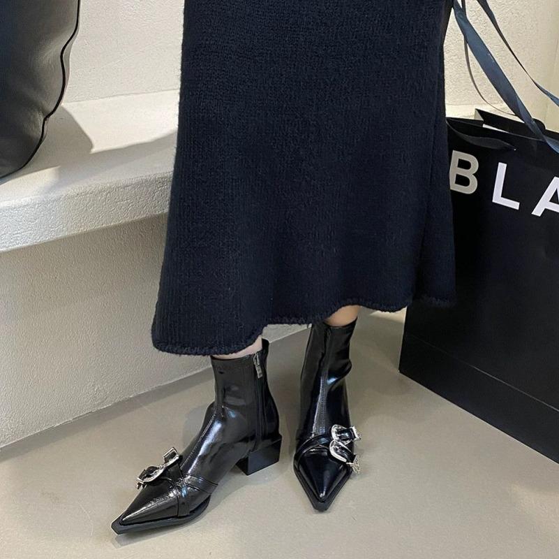 Women's Ankle Boots Short Barrel Shoes Woman Trend Black Luxury Middle Heels Pointed Toe New Rock Comfortable Stylish On Sale