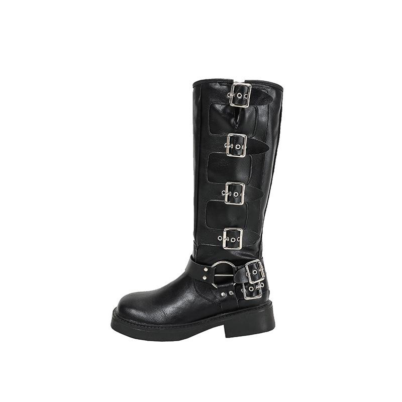 

Western Cowboy Boots Vintage Maillard Locomotive Tall Belt Buckle Square Head Knight Boots 40