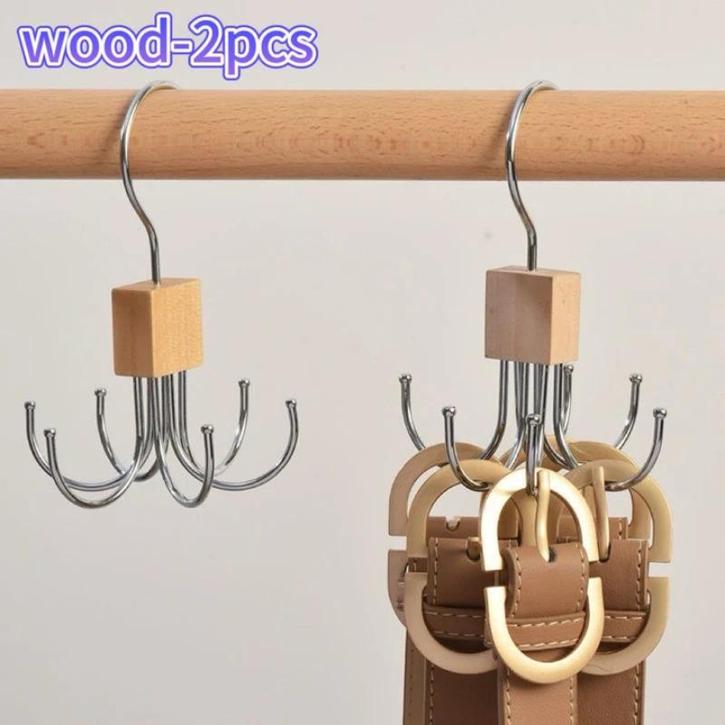 1/2/3PCS Solid Wood Rotatable Storage Hanger Hook Multi-Claw Bag Metal Belts Rack Organizer for Bras Ties Scarves Household Closet Accessories