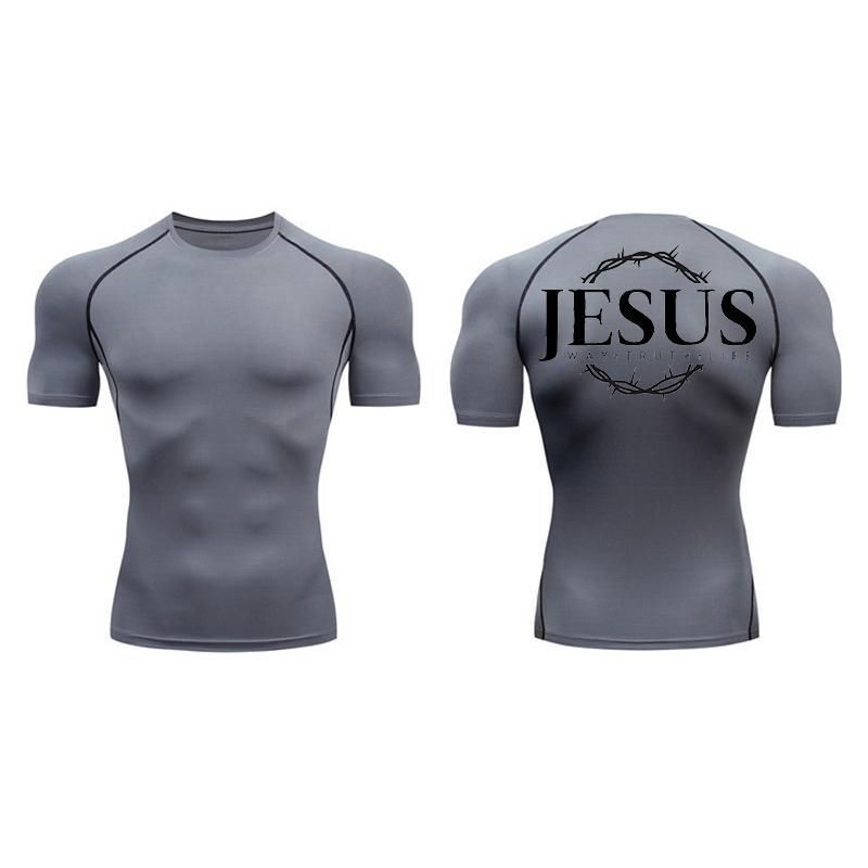 Cross Print Compression Shirt for Men Athletic Quick Dry Short Sleeve Tops Baselayer Christian Gym Workout Running T-shirts Tees