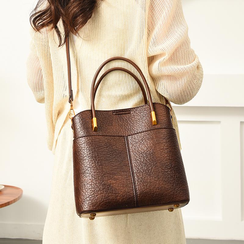 Women's PU Leather Tote Bag, Vintage Brown Bucket Handbag, Small Capacity Shoulder Crossbody Bag, Casual Daily Commuter Bag for Work Shopping Travel