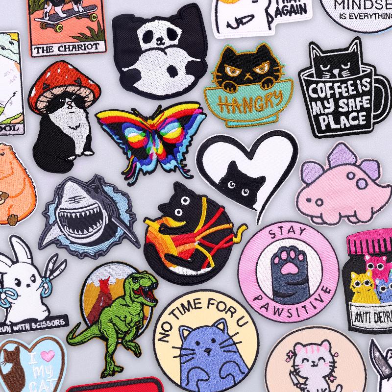Fusible Iron On Patch Cute Animal Patch Embroidery with Cat Butterfly Dinosaur Fantasy Trio for Kids Vest Kawaii Story Decor