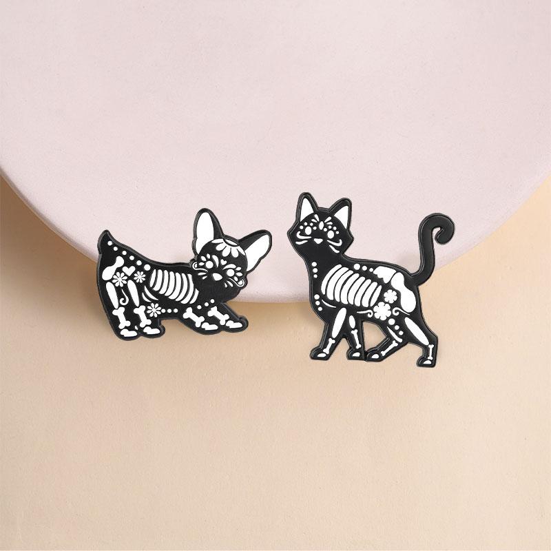 Mexico's Day of the Dead Animal Enamel Pins Gothic Skeleton Cat Chihuahua Halloween Brooches Lapel Badge Friends Jewelry Gifts