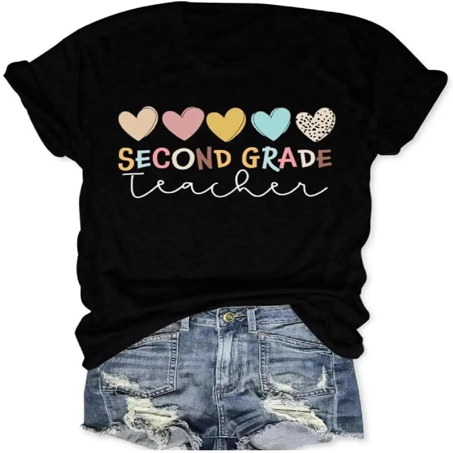 Футболки для учителей 2 класса Женские футболки для учителей второго класса Вдохновляющие графические футболки с принтами на тему «Снова в школу» Топы S
