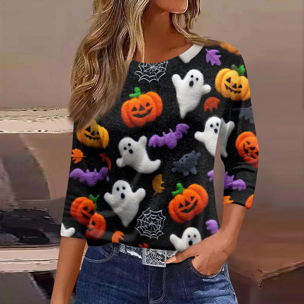 Damenmode Lässig Dreiviertelärmel Halloween-Print Rundhals-Top