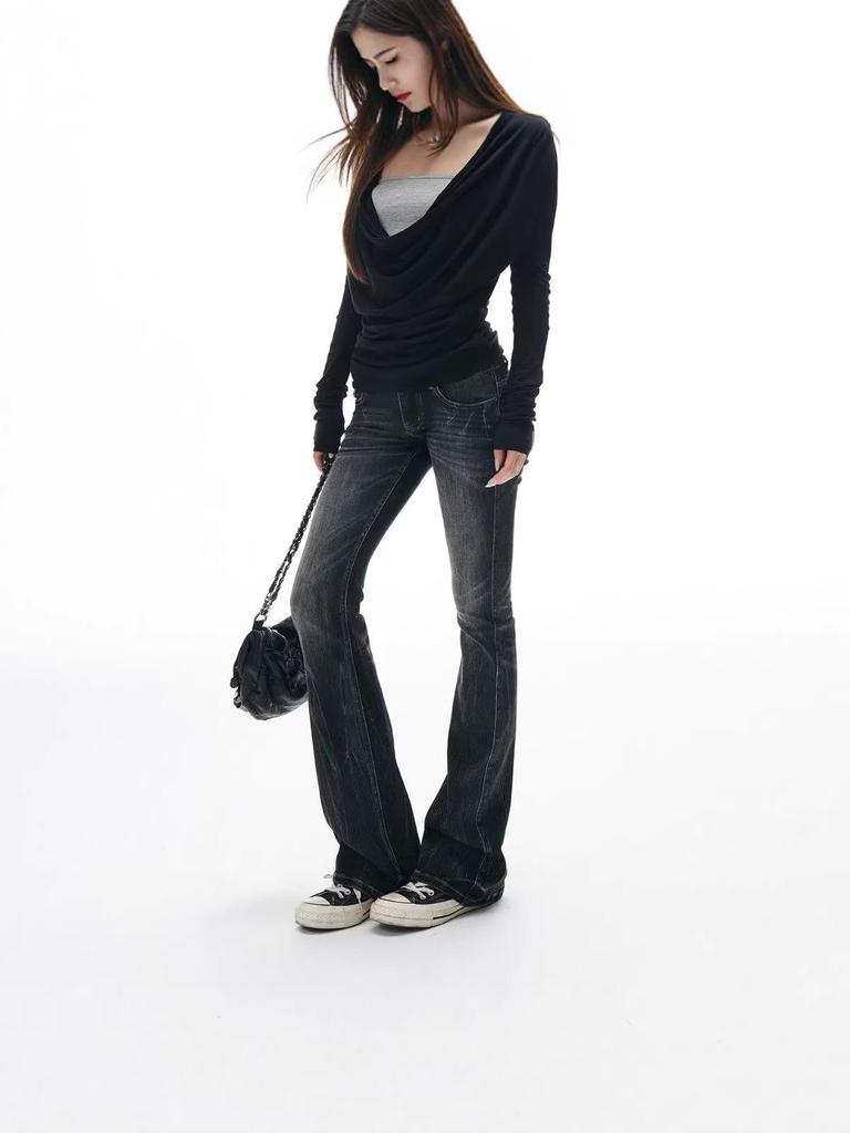 Bamboo Gradient Low-Waist Micro-Flare Jeans – Women's Slim Fit Elastic Bell Bottoms for Autumn/Winter.