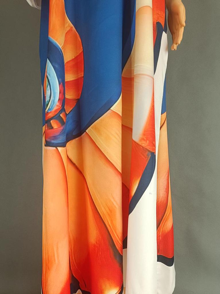 European and American Large Size Women's Satin Print Dress, Arabic Robe Style 8901